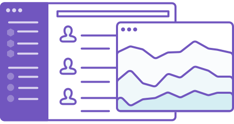 Illo Control 2x Illustration of a user interface with a sidebar, list of user icons, and an overlapping line graph chart, all in purple and blue tones.